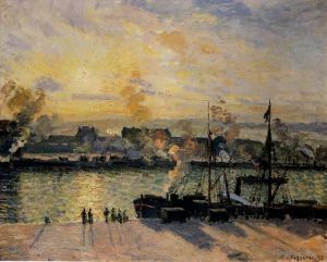 Camille Pissarro Werk - Sonnenuntergang im Hafen von Rouen, Dampfschiffe 1898