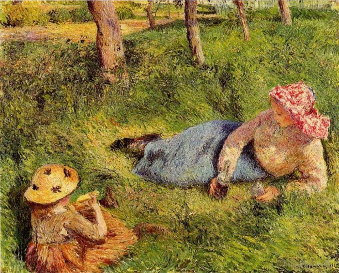 Camille Pissarro Ölgemälde - Das Snackkind und der junge Bauer bei der Rast 1882
