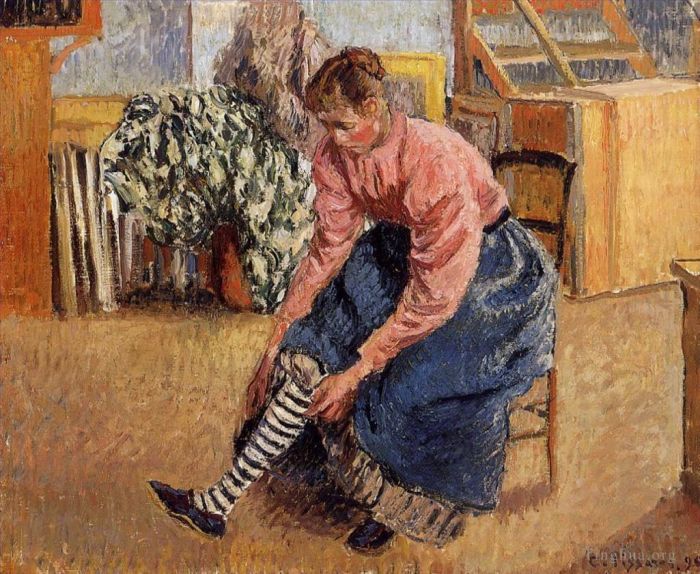 Camille Pissarro Ölgemälde - Frau zieht ihre Strümpfe an, 1895