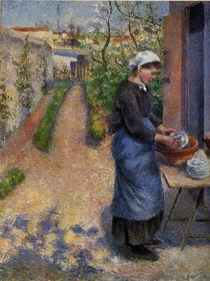 Camille Pissarro Ölgemälde - Junge Frau wäscht Teller 1882