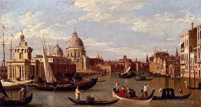 Canaletto Ölgemälde - Canal Giovanni Antonio Blick auf den Canal Grande und Santa Maria Della Salute mit Booten und Figur