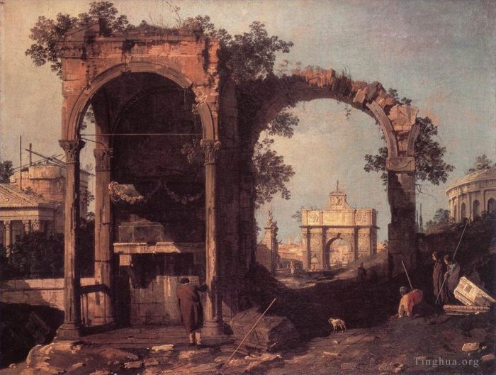 Canaletto Ölgemälde - Capriccio-Ruinen und klassische Gebäude