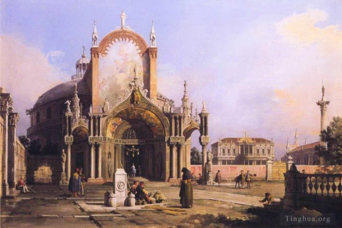 Canaletto Ölgemälde - Capriccio einer runden Kirche mit einem kunstvollen gotischen Portikus auf einer Piazza, einer Palladio-Piazza und 1755
