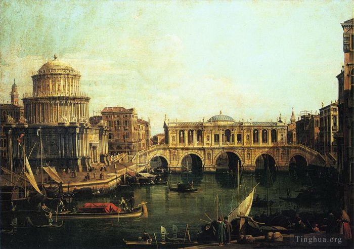 Canaletto Ölgemälde - Capriccio des Canal Grande mit einer imaginären Rialtobrücke und anderen Gebäuden