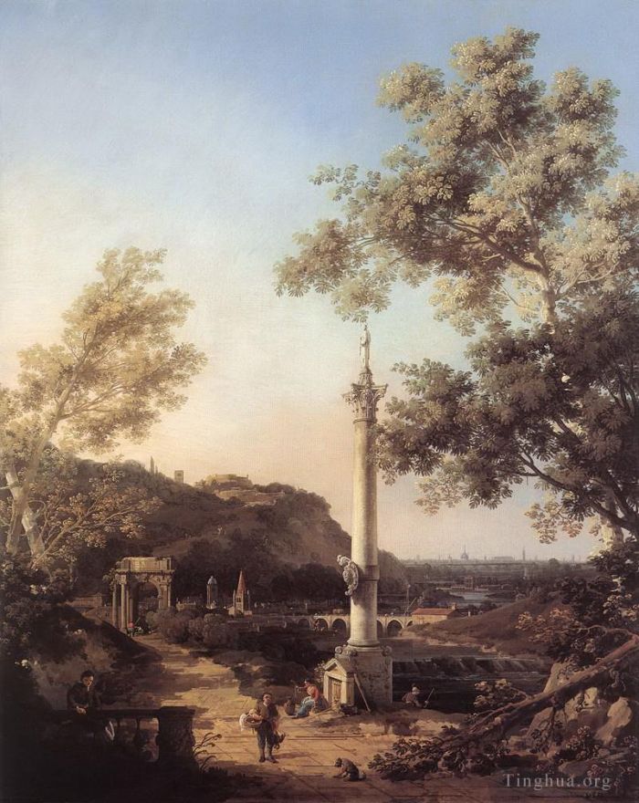 Canaletto Ölgemälde - Capriccio-Flusslandschaft mit Säule
