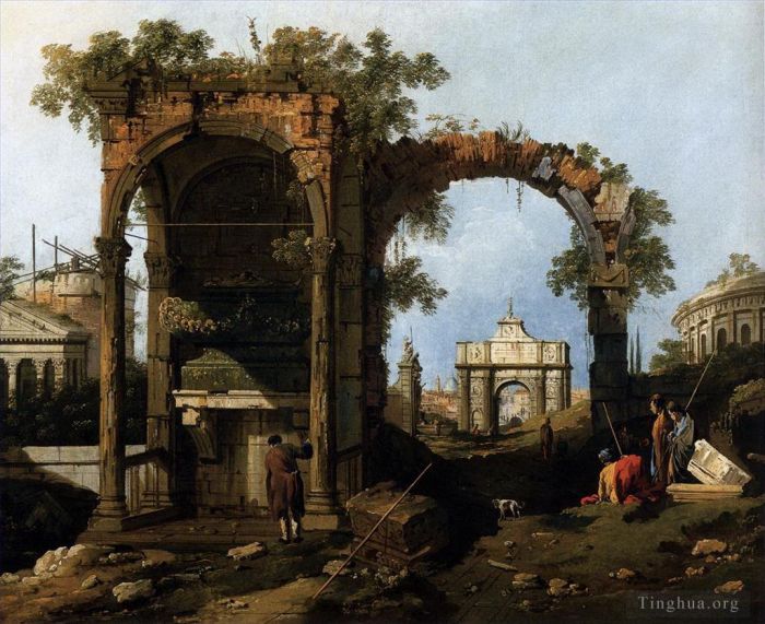 Canaletto Ölgemälde - Capriccio mit klassischen Ruinen und Gebäuden