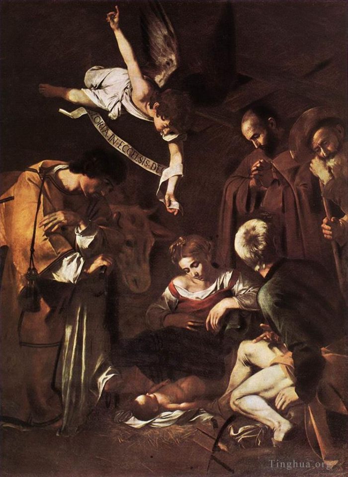Caravaggio Ölgemälde - Geburt Christi mit dem Heiligen Franziskus und dem Heiligen Laurentius