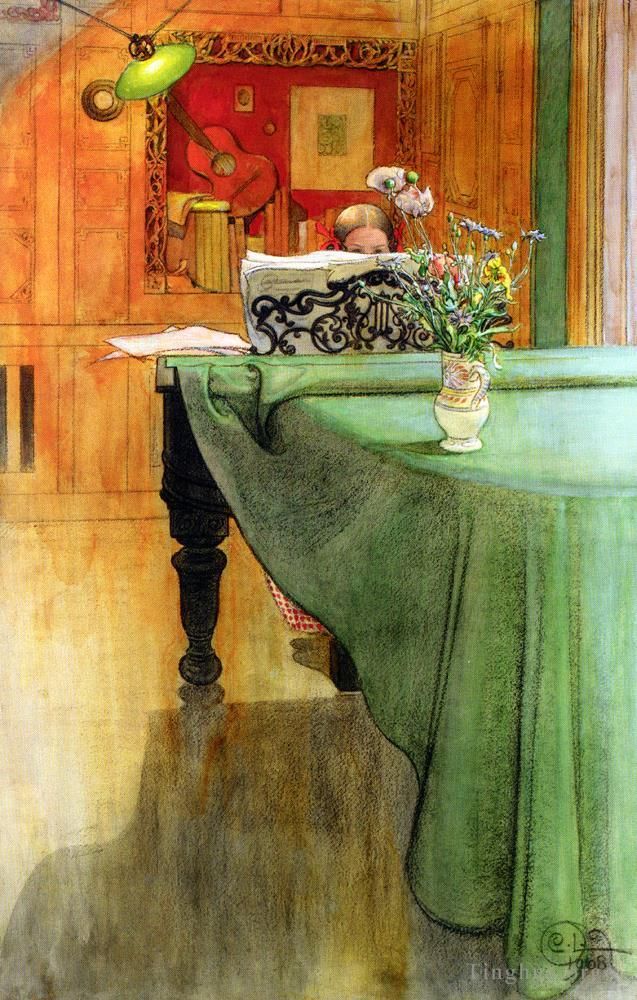 Carl Larsson Andere Malerei - Brita Vid Pianot Brita am Klavier 1908