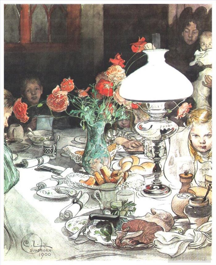 Carl Larsson Andere Malerei - Um die Lampe am Abend 1900