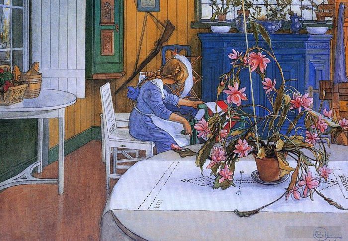 Carl Larsson Andere Malerei - Innenraum mit einem Kaktus 1914