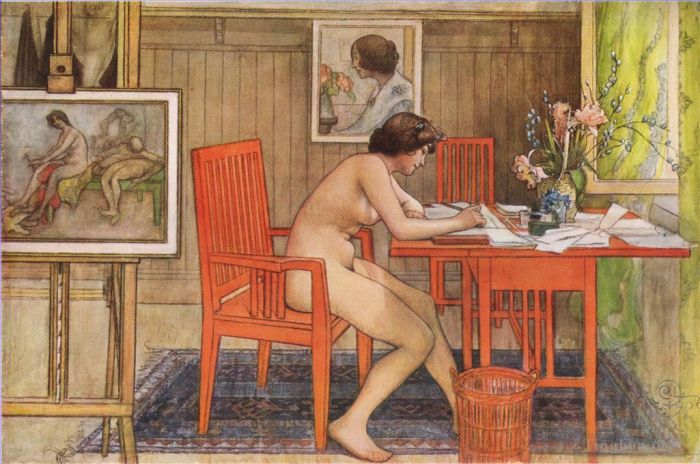 Carl Larsson Andere Malerei - Modell zum Schreiben von Postkarten 1906