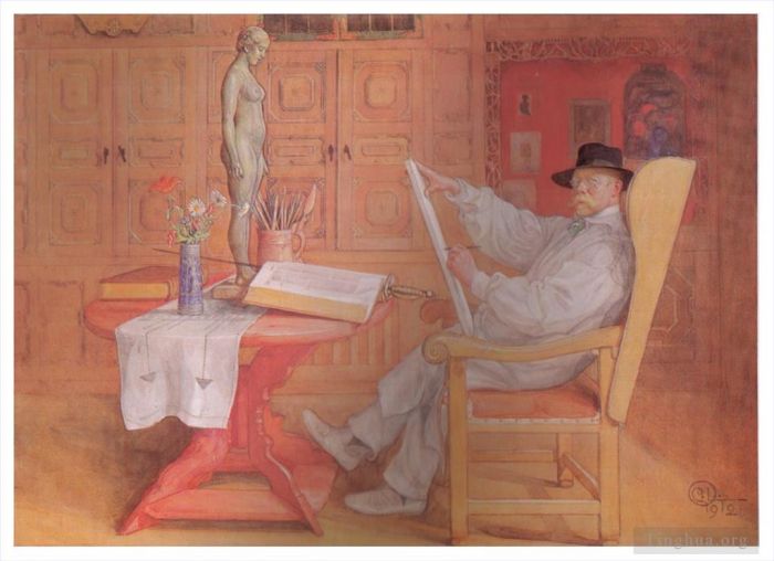 Carl Larsson Andere Malerei - Selbstporträt im Atelier 1912