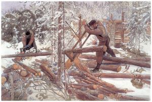 Carl Larsson Werk - Holzfäller im Wald 1906