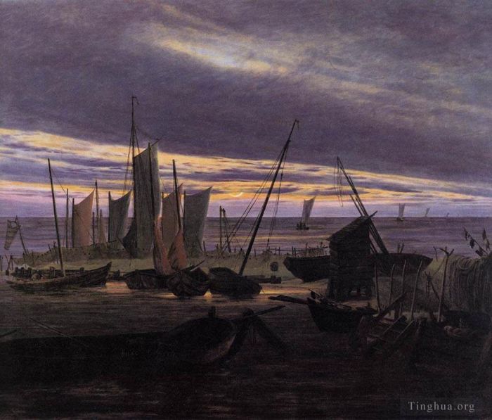 Caspar David Friedrich Ölgemälde - Boote im Hafen am Abend