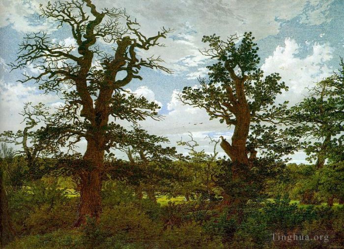 Caspar David Friedrich Ölgemälde - Landschaft mit Eichen und einem Jäger