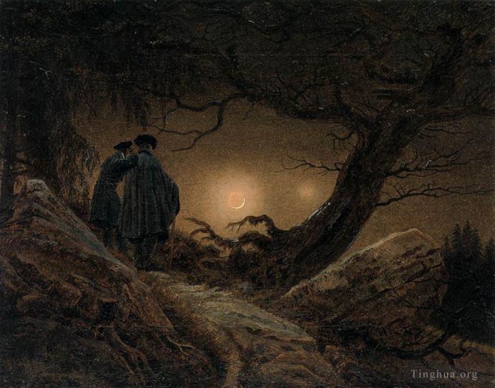 Caspar David Friedrich Ölgemälde - Zwei Männer betrachten den Mond