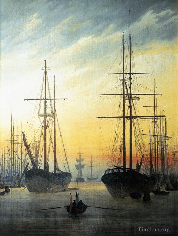 Caspar David Friedrich Ölgemälde - Blick auf einen Hafen. Romantisches Boot