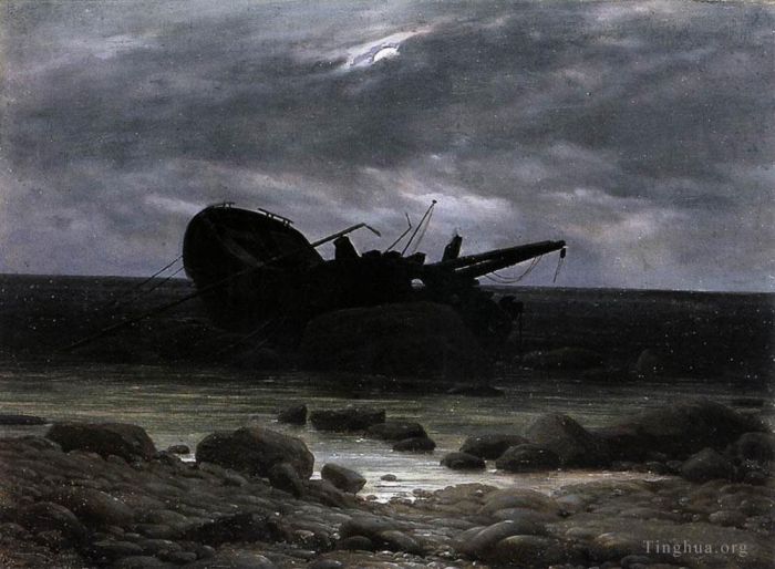 Caspar David Friedrich Ölgemälde - Wrack im Mondschein Romantisches Boot