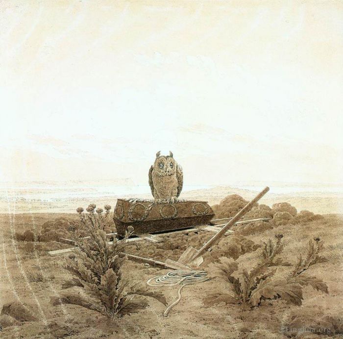 Caspar David Friedrich Andere Malerei - Landschaft mit Grabsarg und Eule