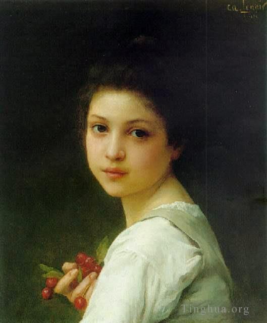 Charles-Amable Lenoir Ölgemälde - Porträt eines jungen Mädchens mit Kirschen