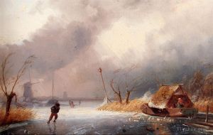Charles Leickert Werk - Eine Winterlandschaft mit Skatern auf einer gefrorenen Wasserstraße