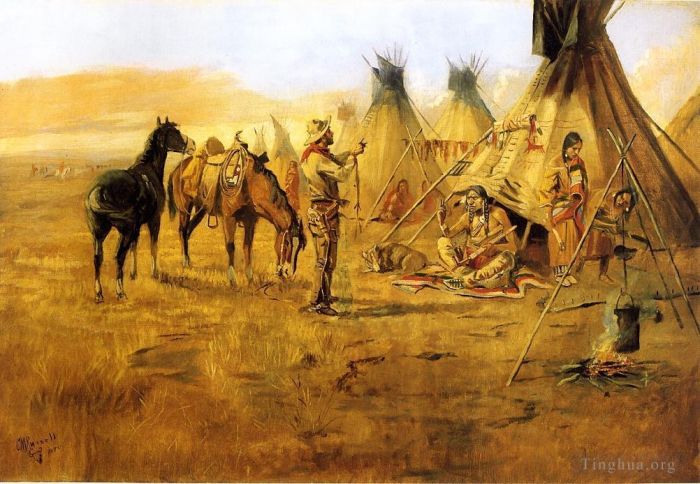 Charles Marion Russell Ölgemälde - Cowboy verhandelt um einen Indianer-Cowboy