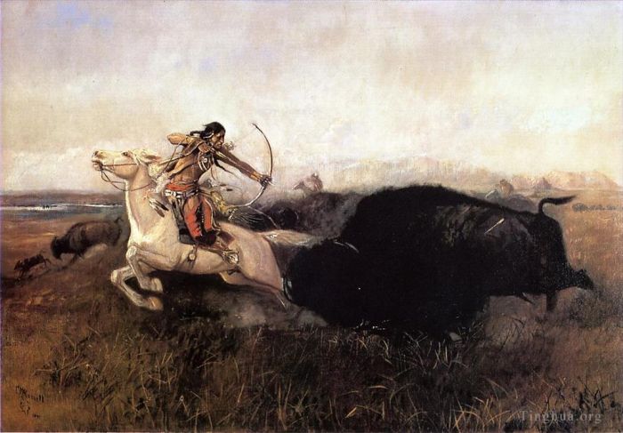 Charles Marion Russell Ölgemälde - Indianer jagen Büffel