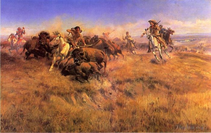 Charles Marion Russell Ölgemälde - Laufender Buffalo-Cowboy