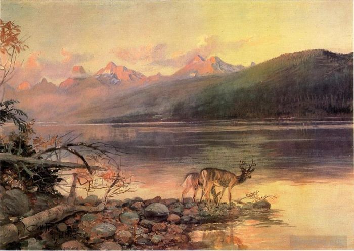 Charles Marion Russell Andere Malerei - Hirsche in der Lake McDonald-Landschaft
