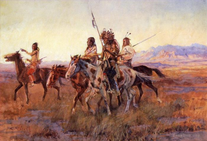 Charles Marion Russell Andere Malerei - Vier berittene Indianer 1914