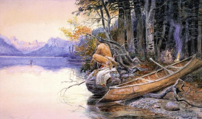 Charles Marion Russell Andere Malerei - Indianercamp Lake McDonald