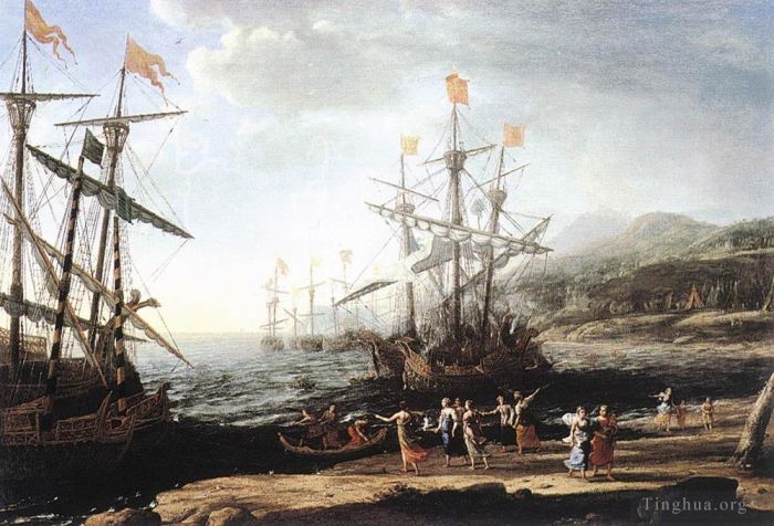 Claude Lorrain Ölgemälde - Marine mit den Trojanern, die ihre Boote verbrennen