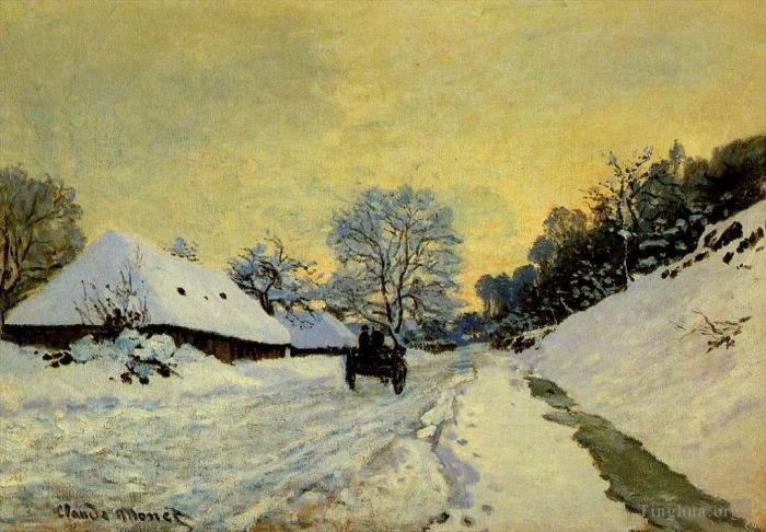 Claude Monet Ölgemälde - Ein Karren auf der schneebedeckten Straße mit der SaintSimeon Farm