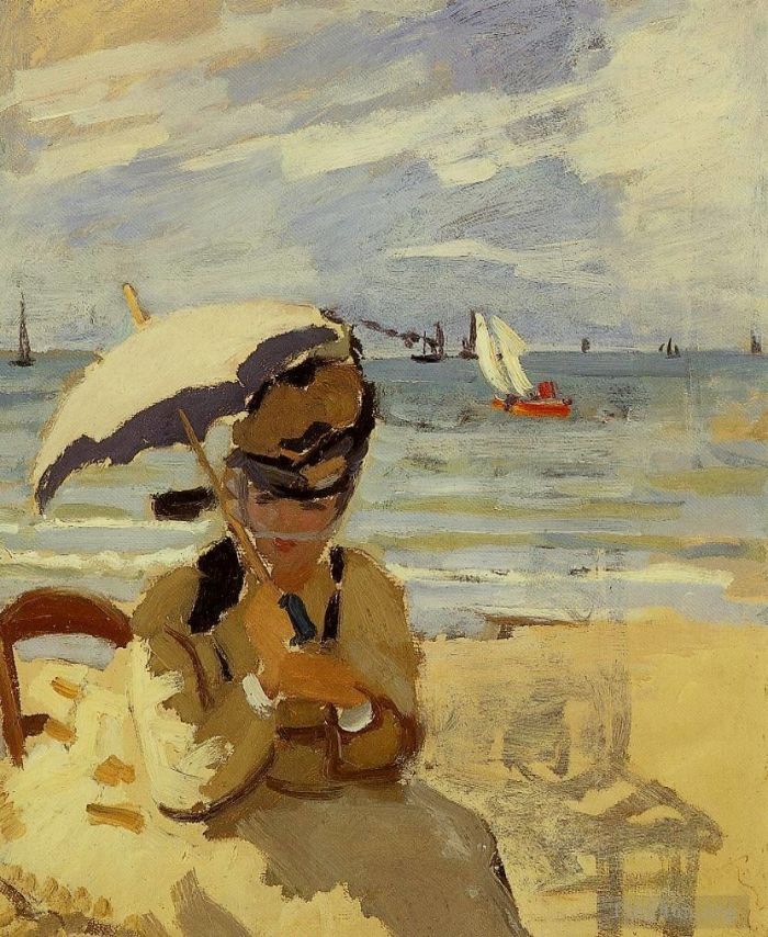 Claude Monet Ölgemälde - Camille sitzt am Strand von Trouville