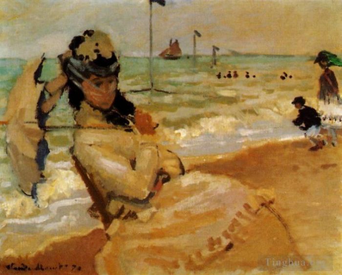 Claude Monet Ölgemälde - Camille am Strand von Trouville