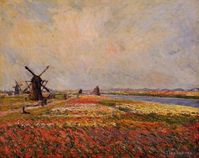 Claude Monet Ölgemälde - Blumenfelder und Windmühlen in der Nähe von Leiden