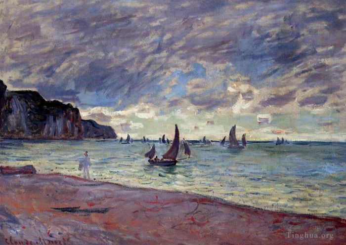 Claude Monet Ölgemälde - Fischerboote am Strand und den Klippen von Pourville
