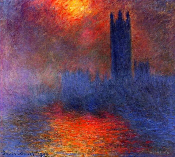 Claude Monet Ölgemälde - Wirkung des Sonnenlichts im Nebel auf das Parlament