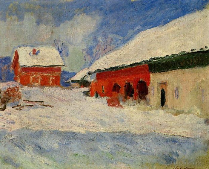 Claude Monet Ölgemälde - Rote Häuser bei Björnegaard im Schneenorwegen