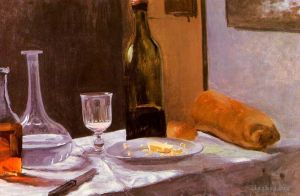 Claude Monet Werk - Stillleben mit Flaschenkaraffe, Brot und Wein