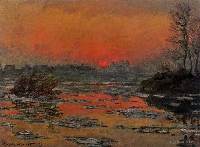 Claude Monet Ölgemälde - Sonnenuntergang auf der Seine im Winter