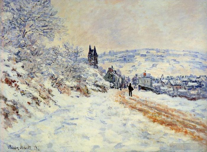 Claude Monet Ölgemälde - Der Schneeeffekt „Road to Vetheuil“.