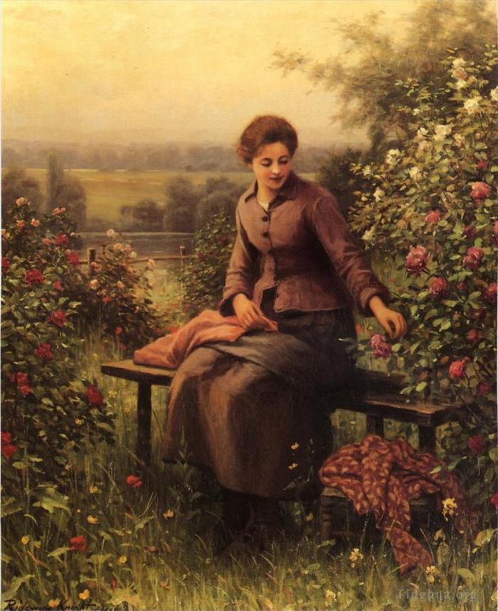 Daniel Ridgway Knight Ölgemälde - Sitzendes Mädchen mit Blumen
