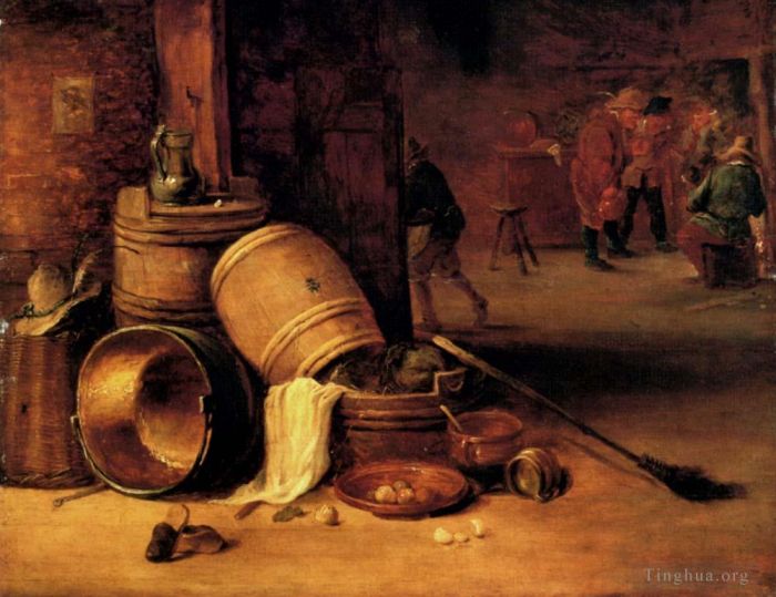 David Teniers the Younger Ölgemälde - Eine Innenszene mit Töpfen, Fässern, Körben, Zwiebeln und Kohl