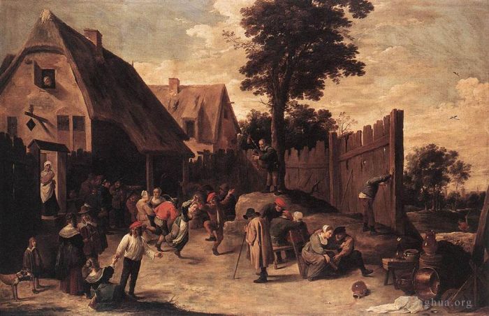 David Teniers the Younger Ölgemälde - Bauern tanzen vor einem Gasthaus