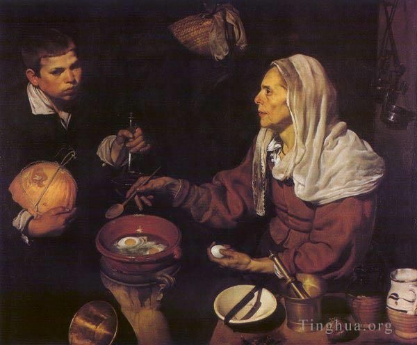Diego Velázquez Ölgemälde - Alte Frau pochiert Eier