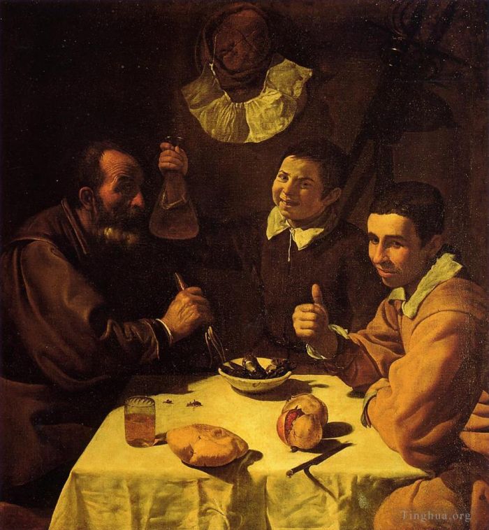 Diego Velázquez Ölgemälde - Drei Männer an einem Tisch, auch bekannt als Luncheon