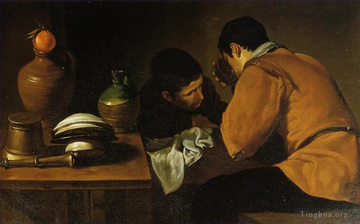 Diego Velázquez Ölgemälde - Zwei junge Männer an einem Tisch