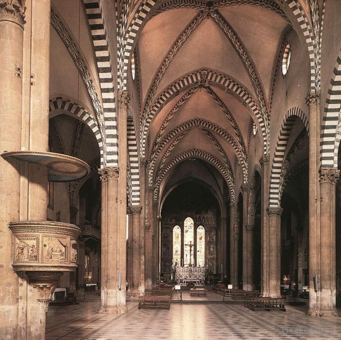 Domenico Ghirlandaio Andere Malerei - Blick entlang des Kirchenschiffs zur Tornabuoni-Kapelle