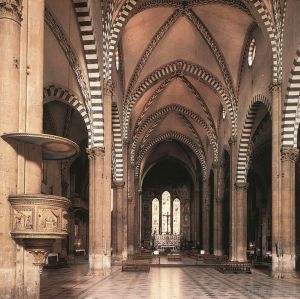 Domenico Ghirlandaio Werk - Blick entlang des Kirchenschiffs zur Tornabuoni-Kapelle